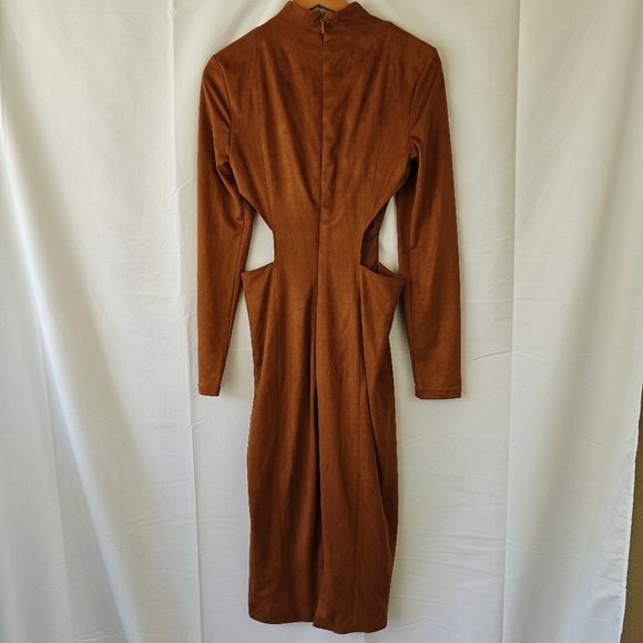 House Of CB London Brown Suede Midi Dress High Neck Cutout Slit Size Small - Picture 13 of 16